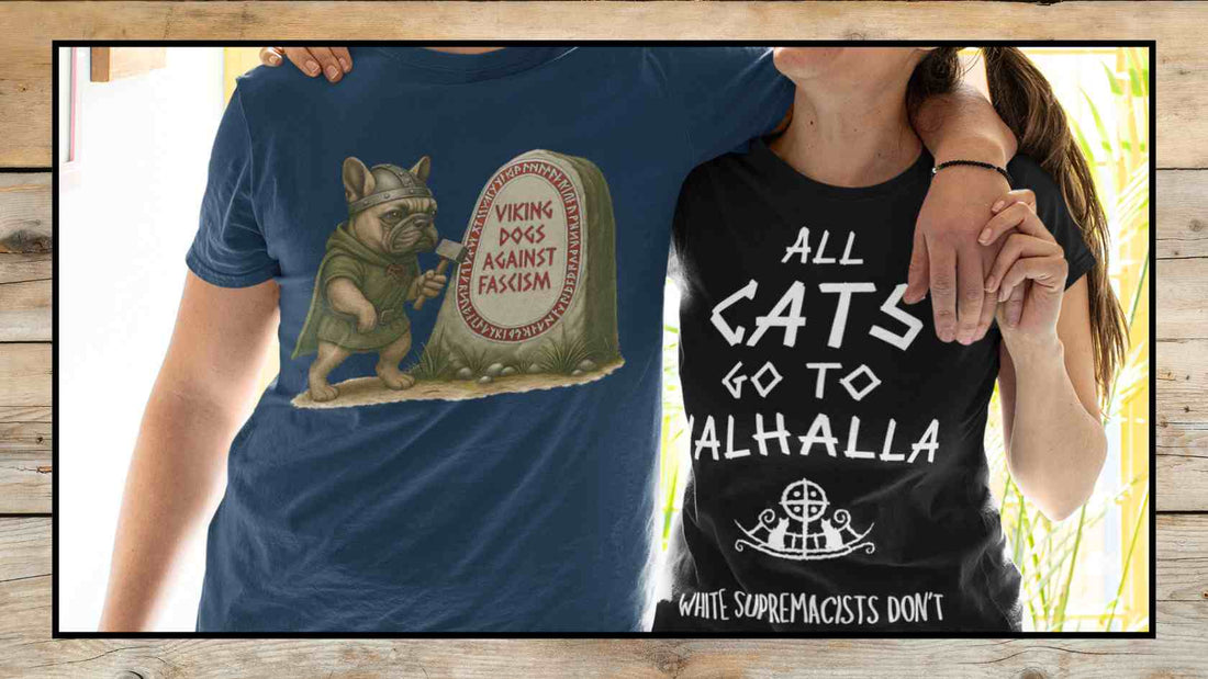 Subject Reclaim Norse mythology from Extremists. Left T-shirt: Navy with image of a Viking Bulldog carving Viking Dogs Against Fascism on a runestone. Right T-shirt: Black T-shirt with white text; All Cats go to Valhalla, White Supremacists Don't.