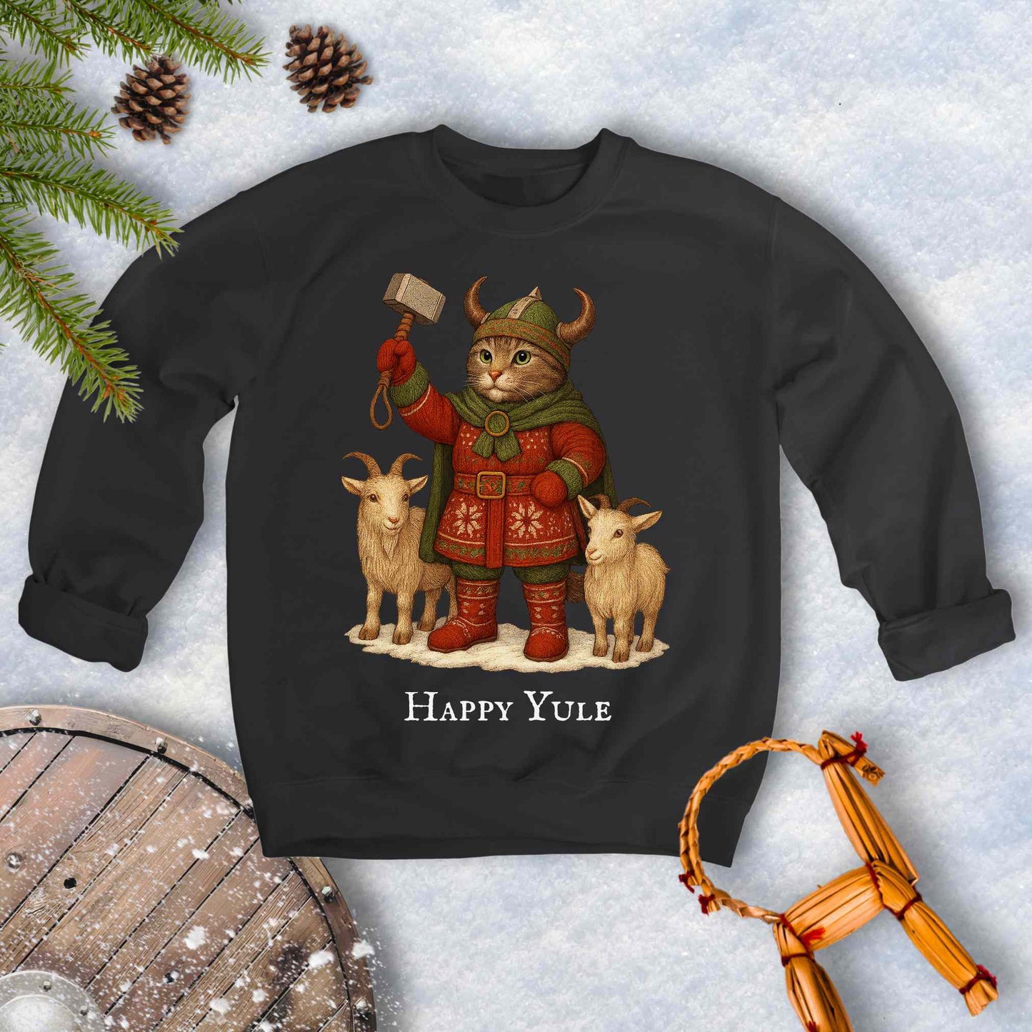 Black sweatshirt with a aesir Thor reimagined Viking cat design and two goats. 'Happy Yule' text on a snowy background.