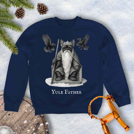 Navy sweatshirt with 'Yule Father' design, Aesir Odin as a French Bulldog and ravens Huginn and Muninn, on a snowy background