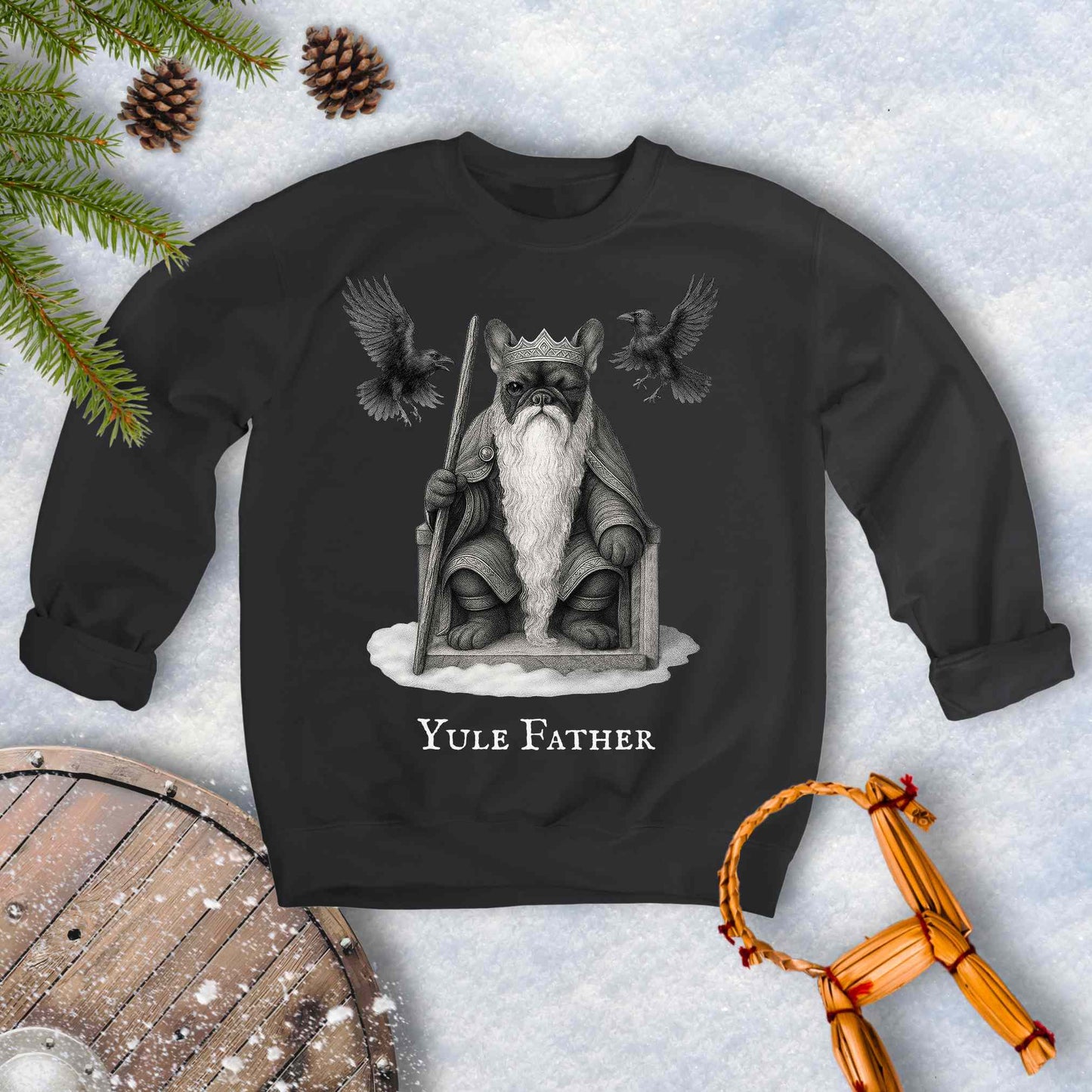 Black sweatshirt with 'Yule Father' design, Aesir Odin as a French Bulldog and ravens Huginn and Muninn, on a snowy background