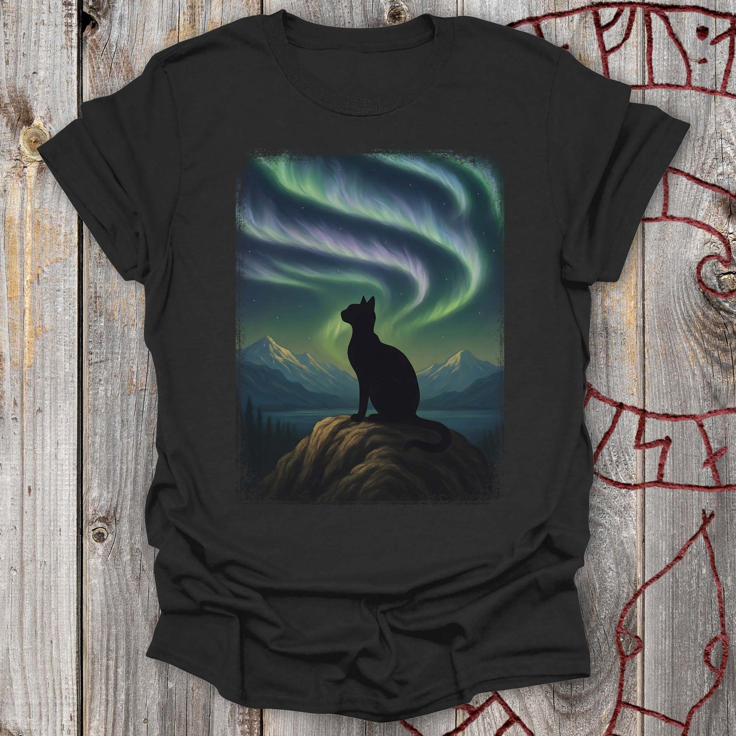 T-Shirt Black Cat & Northern Lights T-Shirt Unisex size S M L XL 2XL
