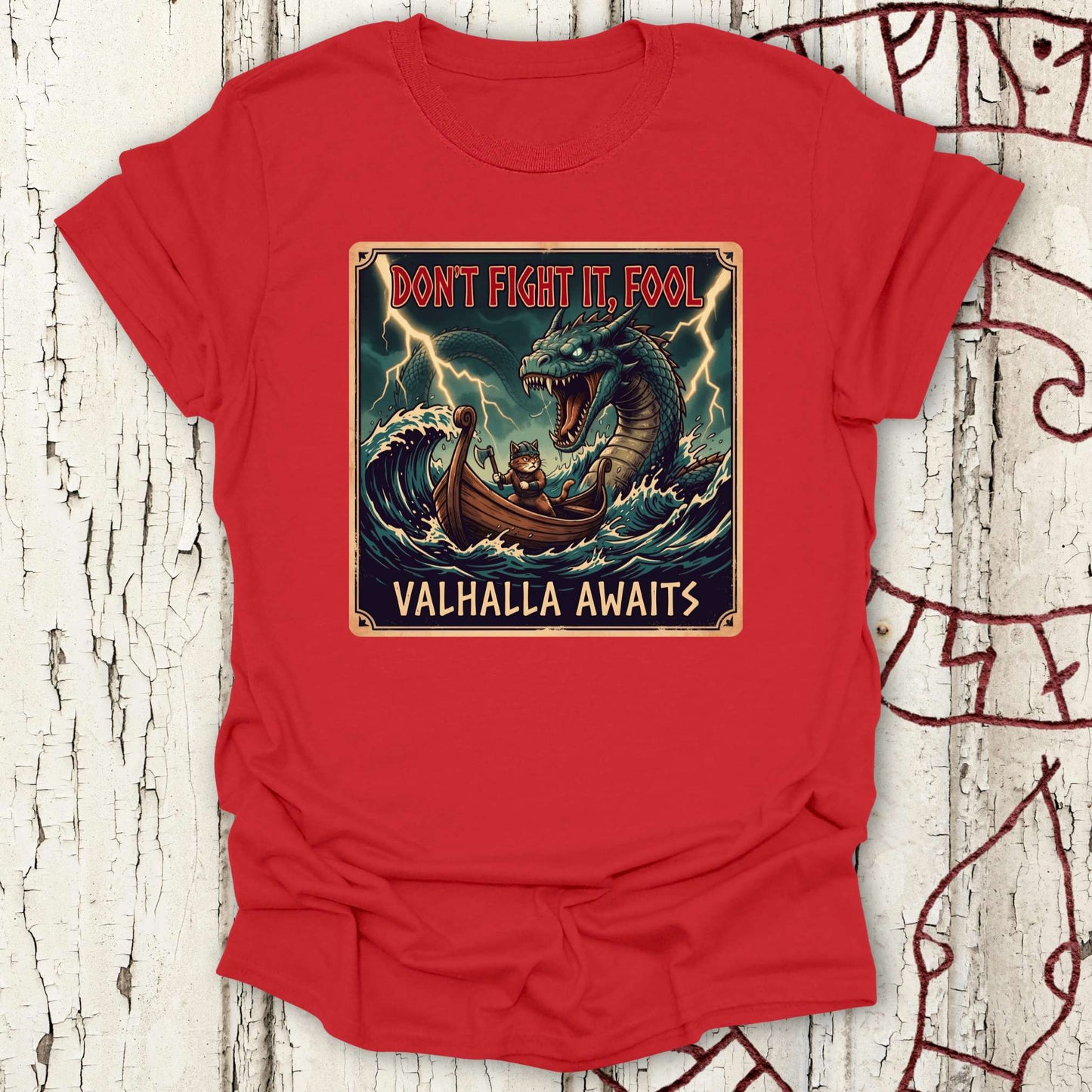 Don't Fight it, Fool - Valhalla Awaits - Jörmungandr vs Viking Cat T-shirt NEW!