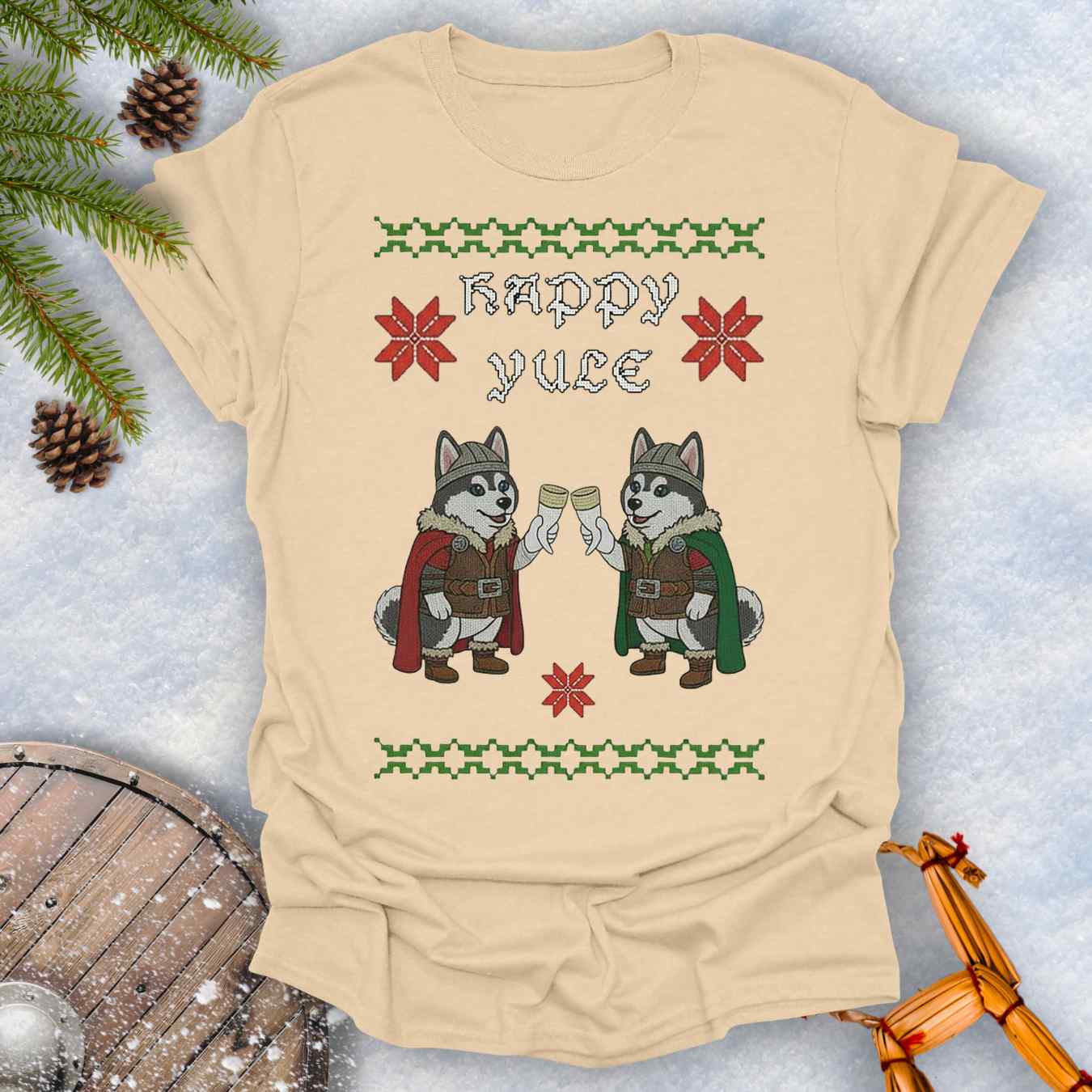 Beige Sand colored T-Shirt Christmas sweater style and Nordic pattern with Viking Huskies Graphic. Text 'Happy Yule'.