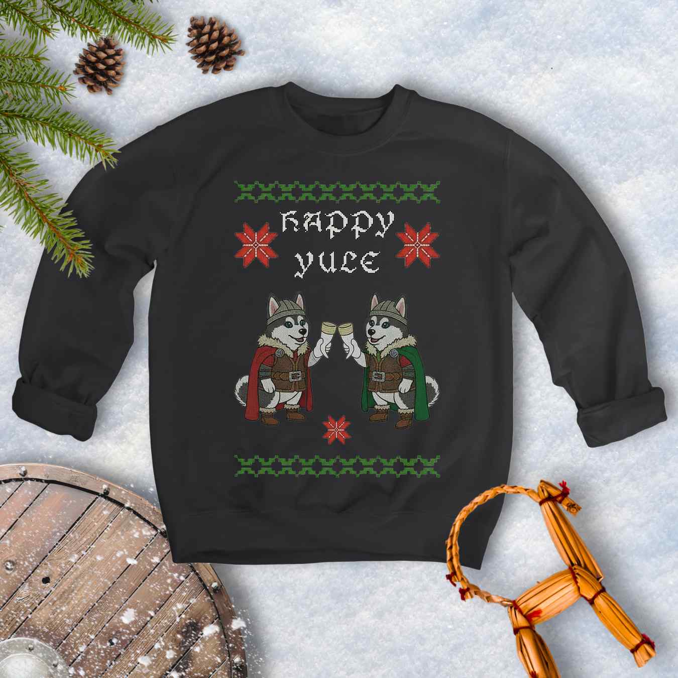 Black sweatshirt Christmas sweater style and Nordic pattern with Viking Huskies Graphic. Text 'Happy Yule'.