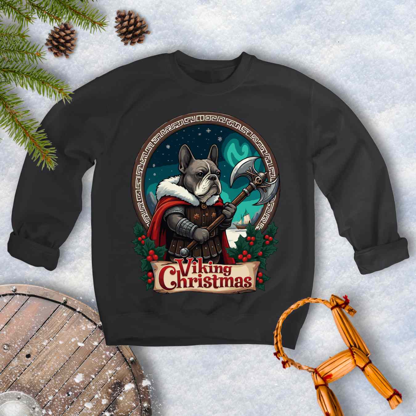 Black sweatshirt with a Viking-themed Christmas design featuring a Viking Bulldog, axe, and northern lights. Text: Viking Christmas.