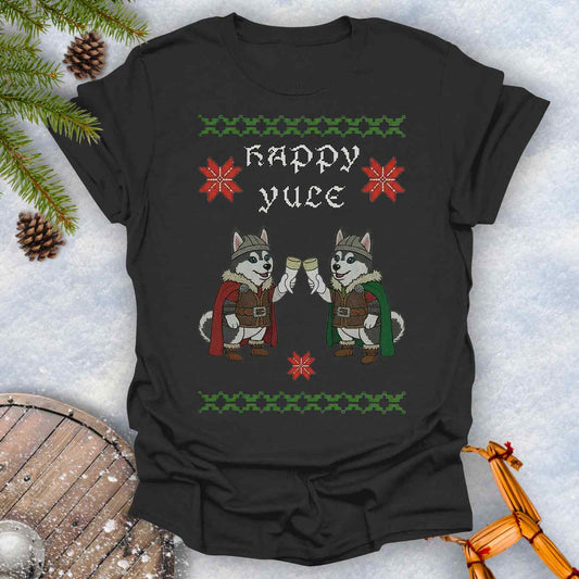 Black T-Shirt Christmas sweater style and Nordic pattern with Viking Huskies Graphic. Text 'Happy Yule'.