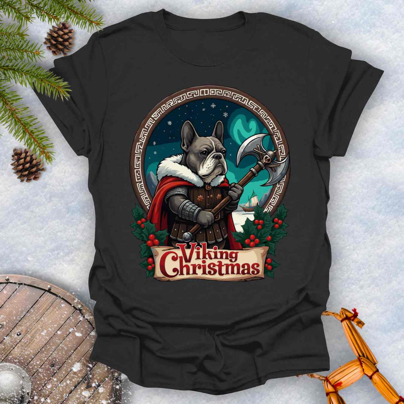 Black t-shirt with a Viking-themed Christmas design featuring a Viking Bulldog in armor with Northern lights behind it.