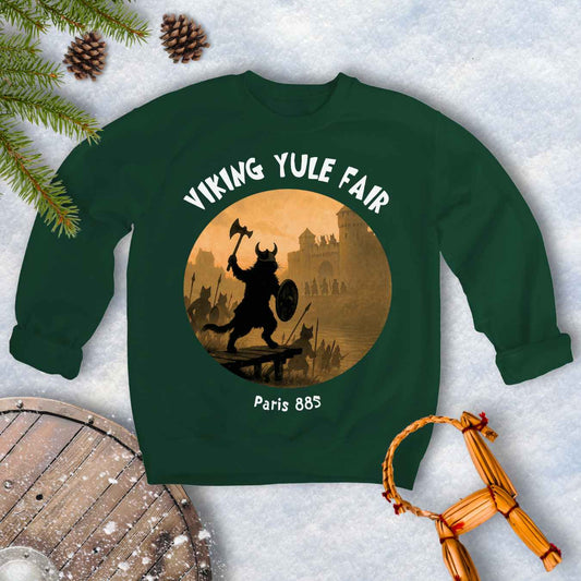 Forest Green sweatshirt with Viking cat design and white 'Viking Yule Fair' and 'Paris 885’ text on a snowy background.