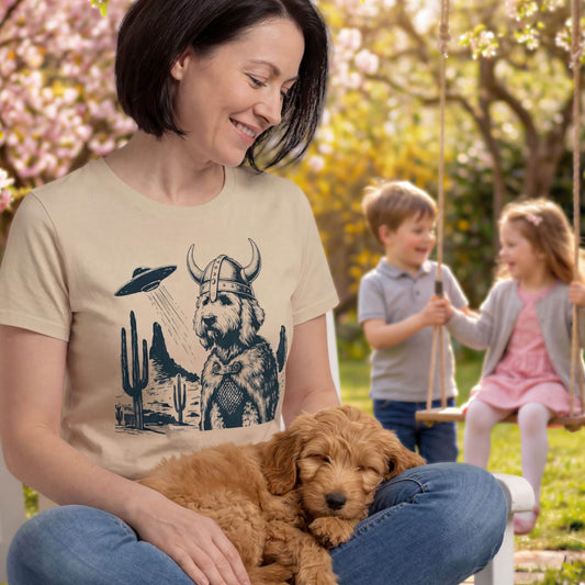 Goldendoodle Viking and UFO T-shirt