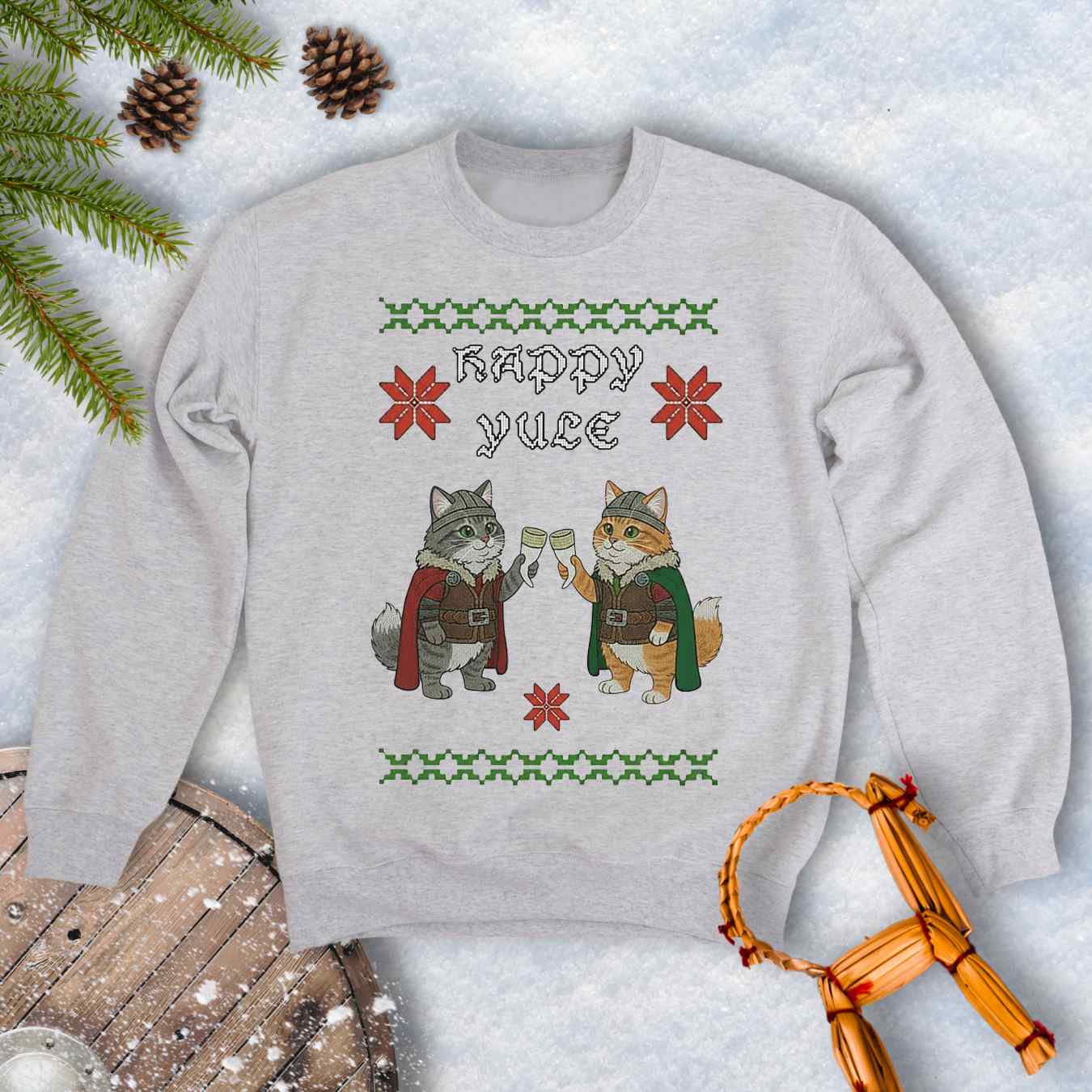 Ash Gray ugly sweater type sweatshirt with Viking cat design and 'Happy Yule' text on a snowy background.