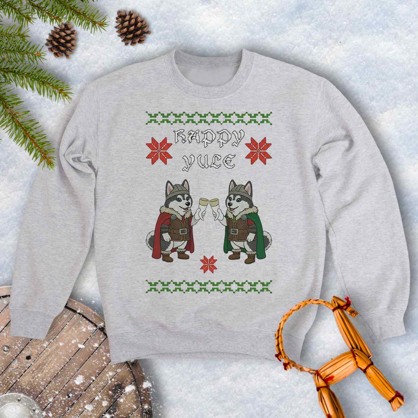 Gray Ash-colored sweatshirt Christmas sweater style and Nordic pattern with Viking Huskies Graphic. Text 'Happy Yule'.