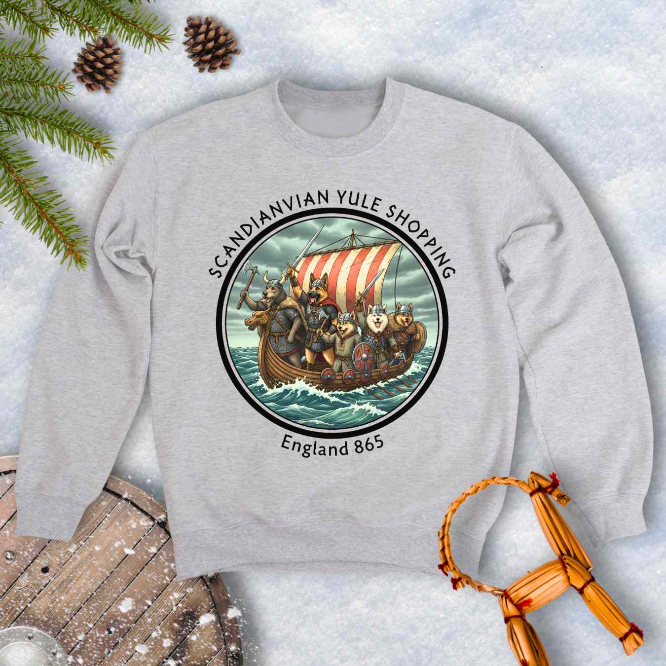 Gray sweatshirt with Viking Dogs on a Viking ship. Text: Scandinavian Yule Shopping England 865.