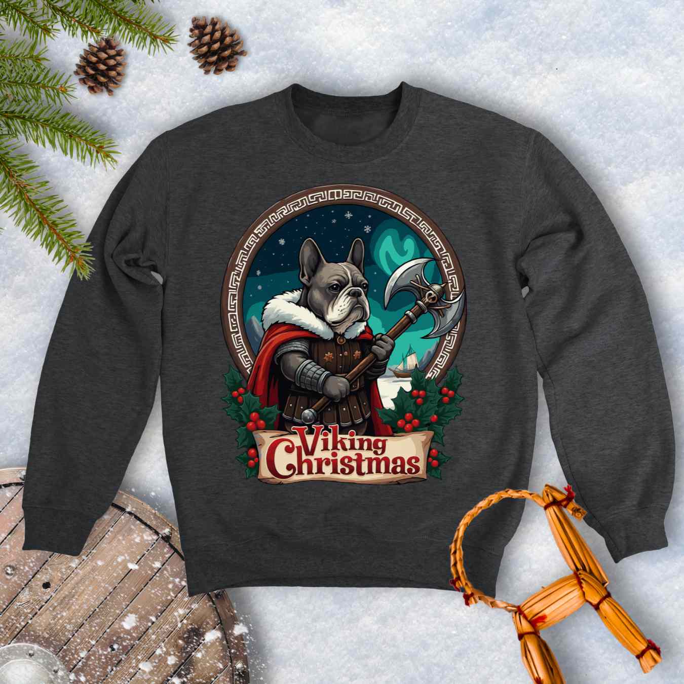 Dark Gray sweatshirt with a Viking-themed Christmas design featuring a Viking Bulldog, axe, and northern lights. Text: Viking Christmas.