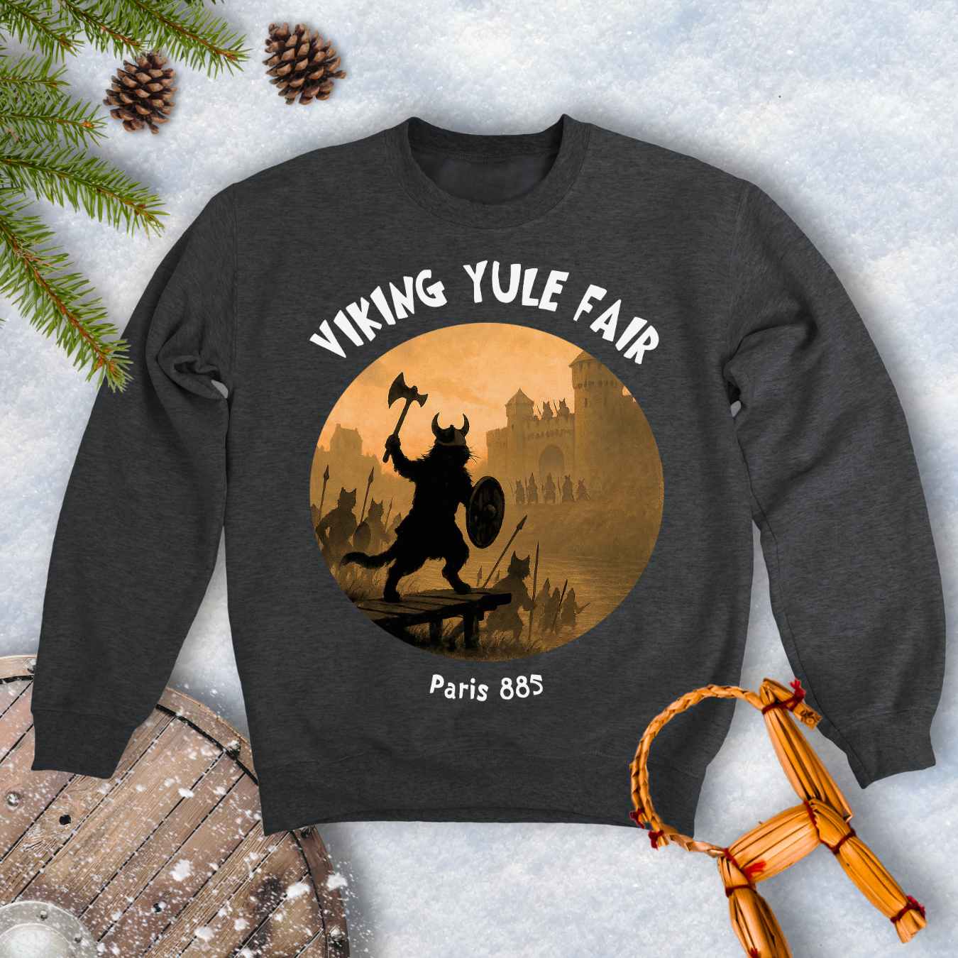 Gray Dark heather colored sweatshirt with Viking cat design and white 'Viking Yule Fair' and 'Paris 885’ text on a snowy background.