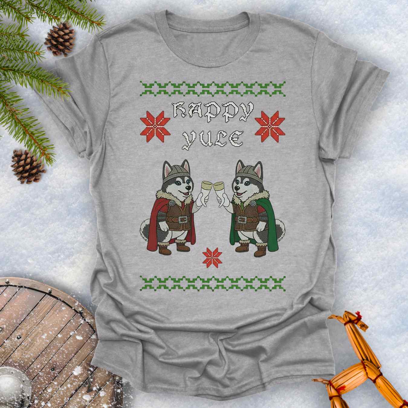 Gray Sports grey colored T-Shirt Christmas sweater style and Nordic pattern with Viking Huskies Graphic. Text 'Happy Yule'.