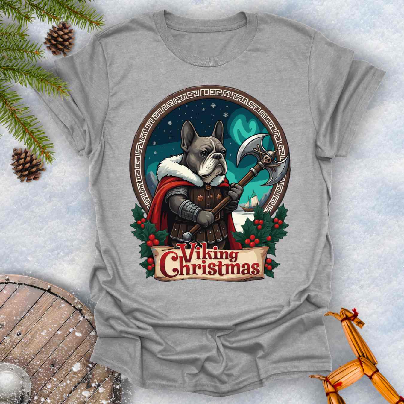 Gray t-shirt with a Viking-themed Christmas design featuring a Viking Bulldog in armor with Northern lights behind it.