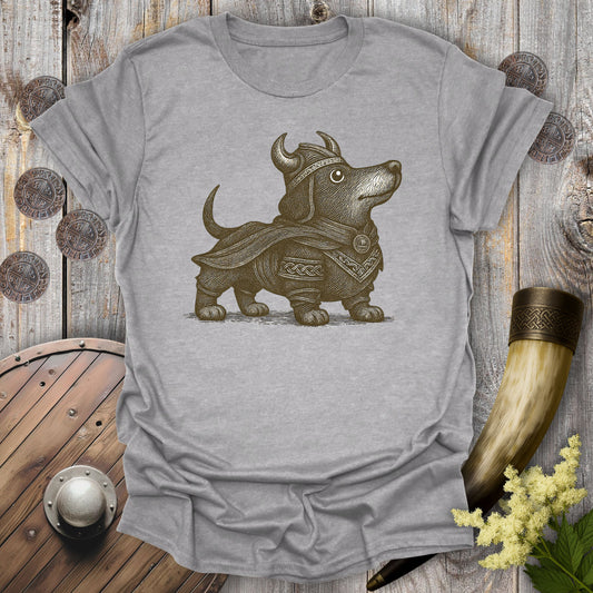 Gray t-shirt with a Viking-themed dachshund brown graphic on a wooden background.