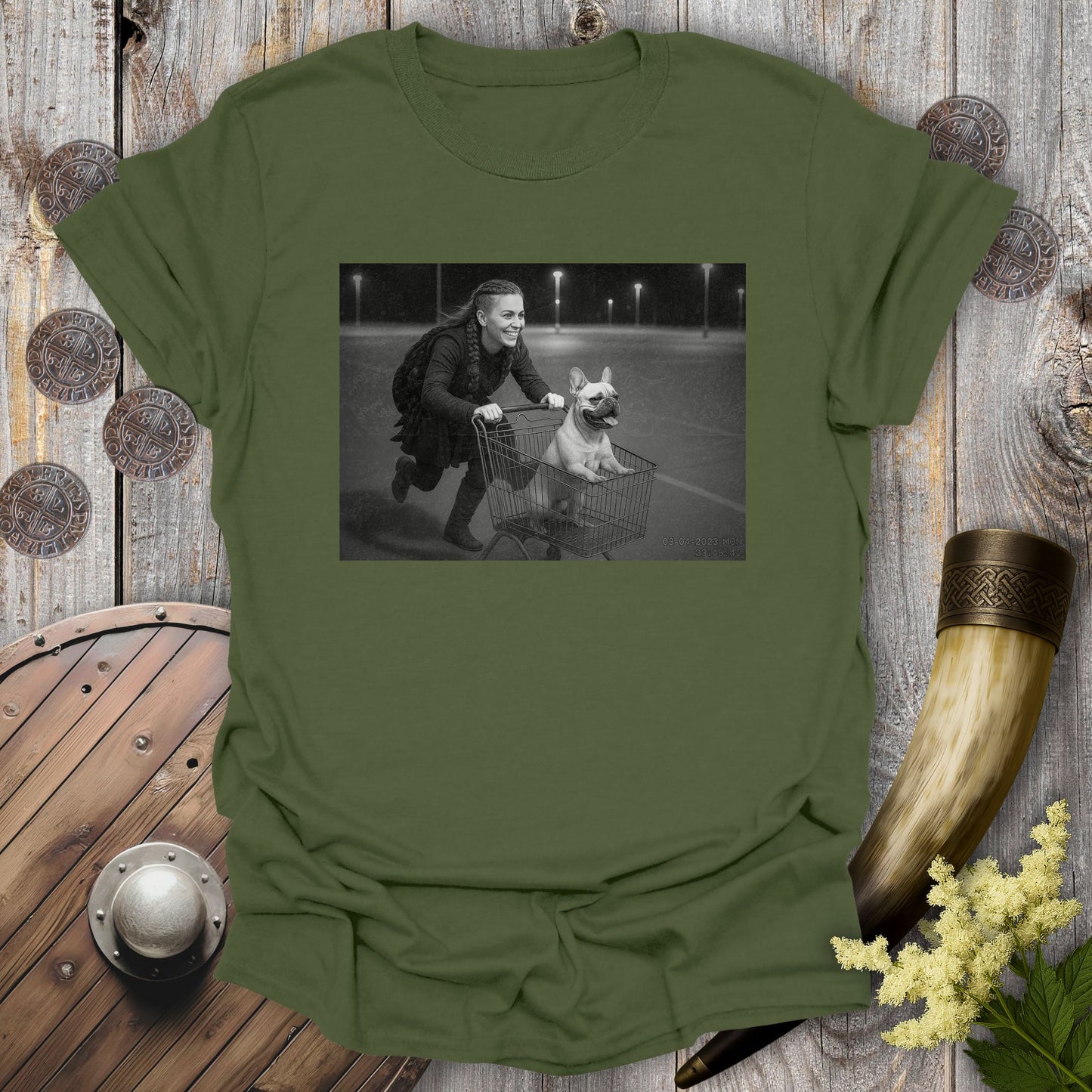 Shieldmaiden Pushing Her Bulldog in a Shopping Cart — T-Shirt