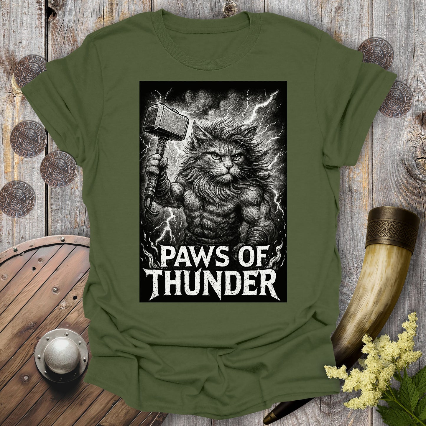 Paws of Thunder Thor Viking Cat T-Shirt