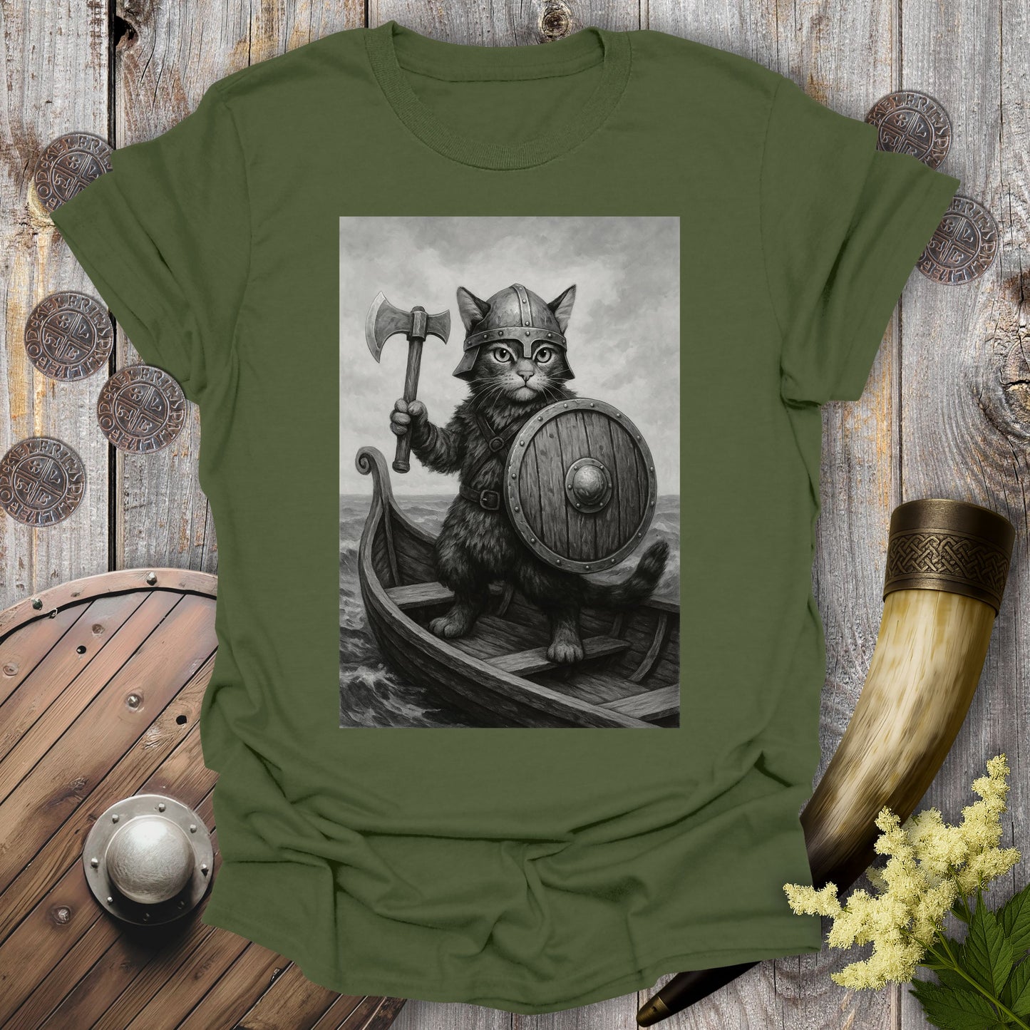 Viking Cat on a Longship - T-shirt