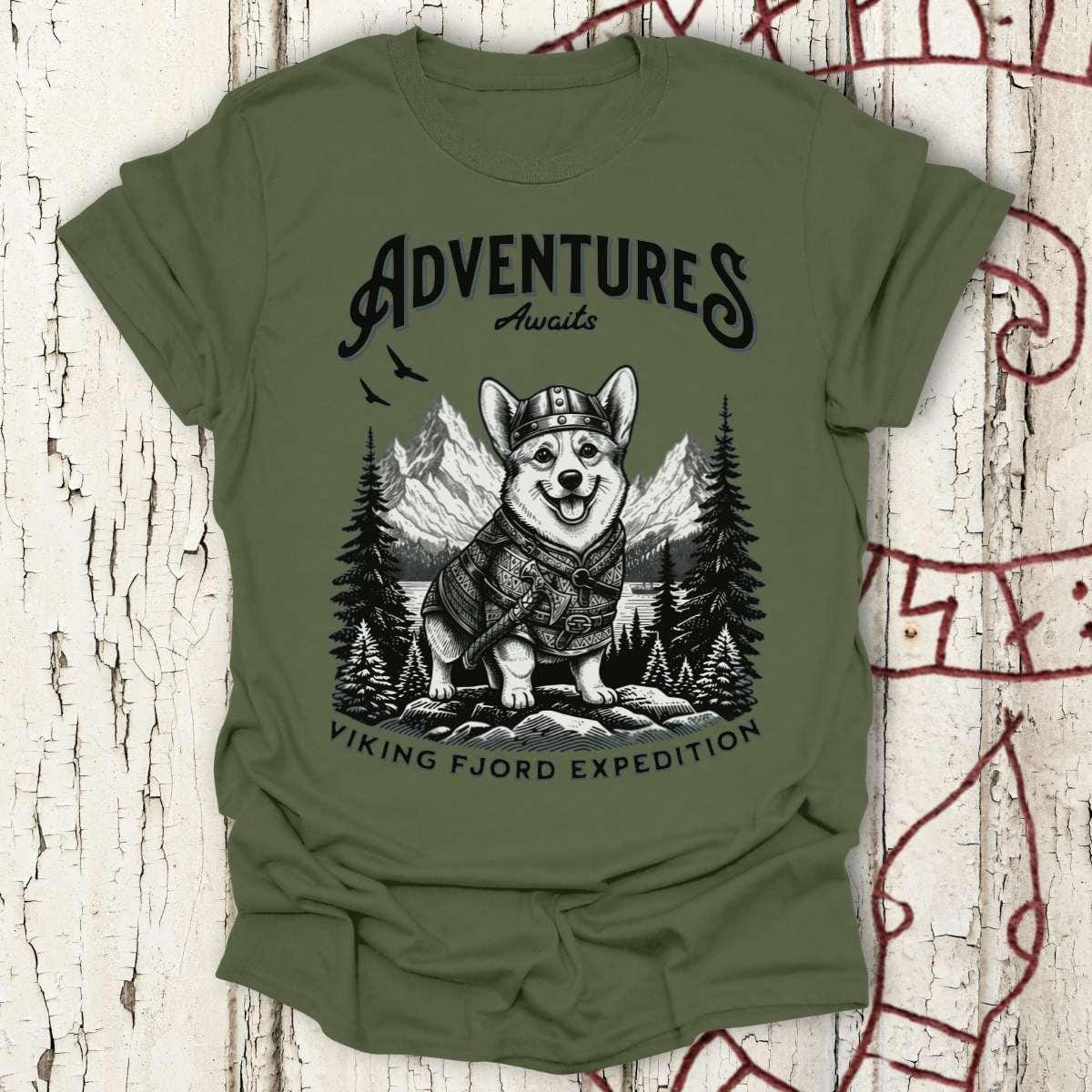 T-Shirt Adventure Awaits - Viking Fjord Expedition Corgi T-shirt Unisex size S M L XL 2XL