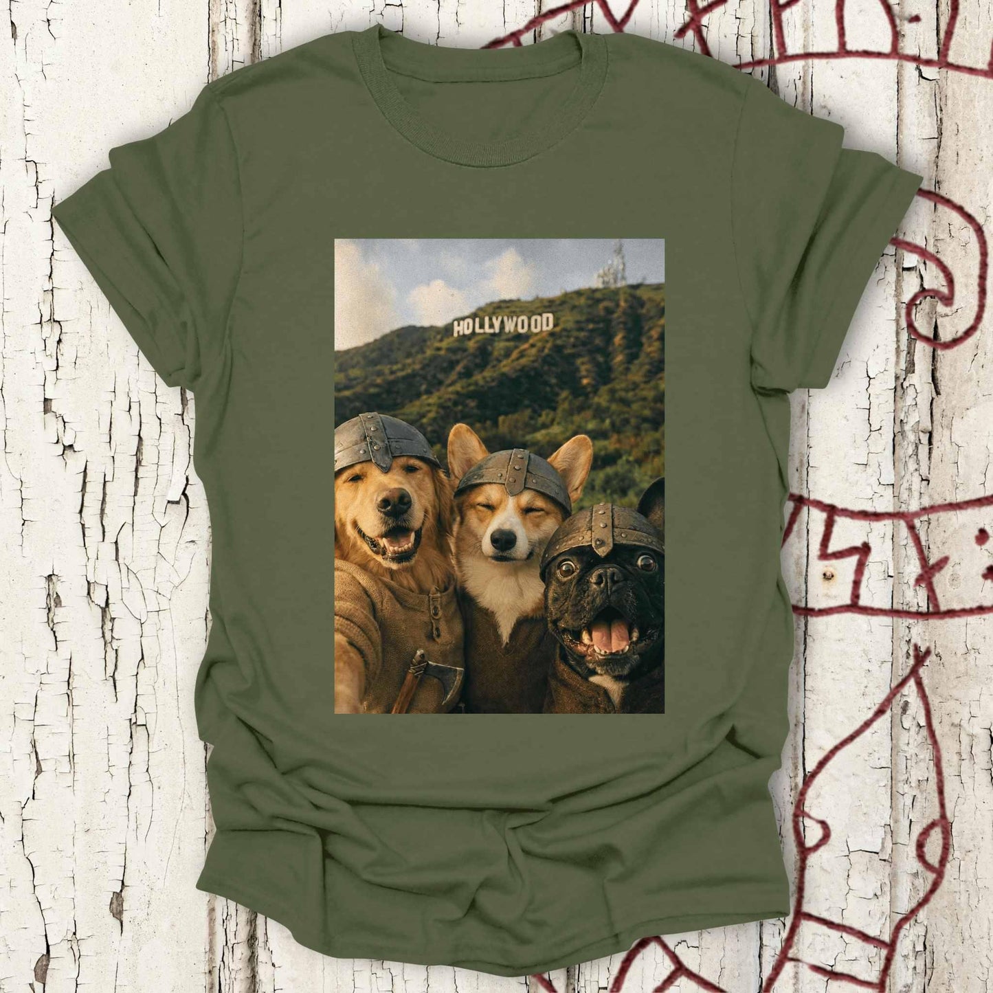 Viking Dogs Retro Selfie Photo Style - Hollywood Sign T-shirt