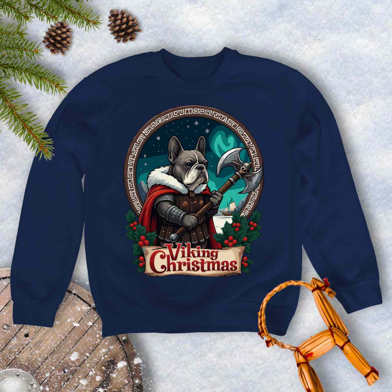 Navy Blue sweatshirt with a Viking-themed Christmas design featuring a Viking Bulldog, axe, and northern lights. Text: Viking Christmas.
