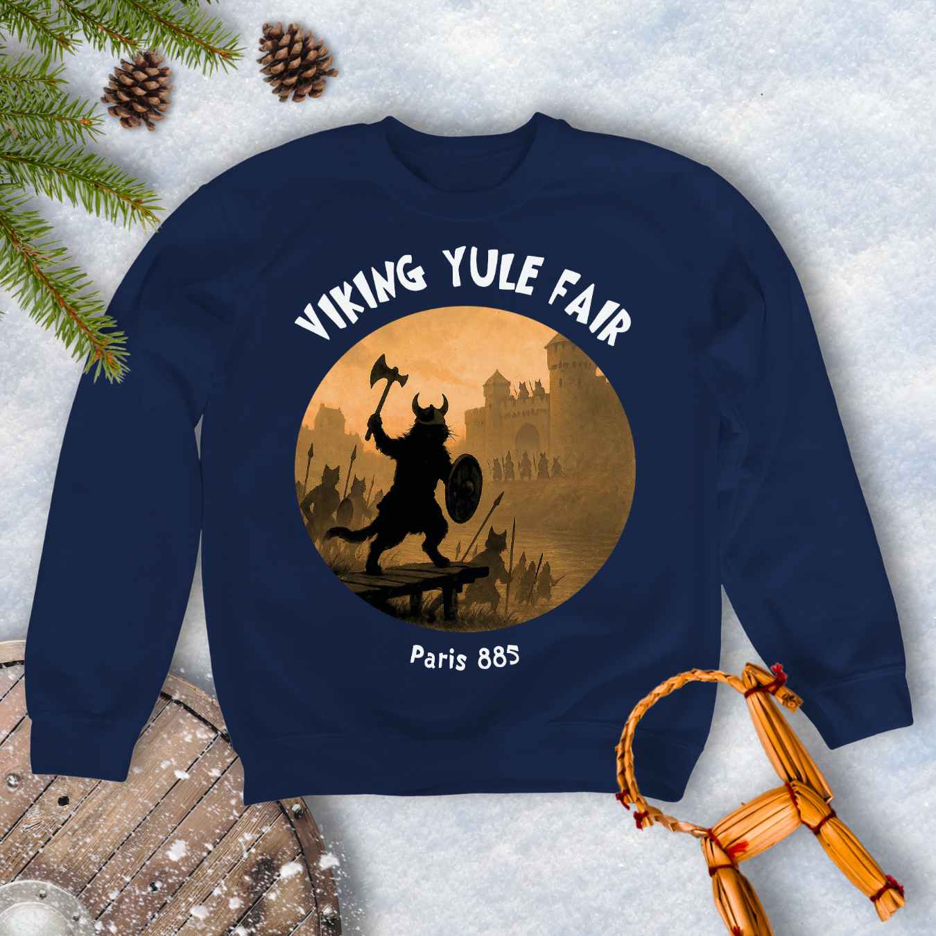 Navy Blue sweatshirt with Viking cat design and white 'Viking Yule Fair' and 'Paris 885’ text on a snowy background.