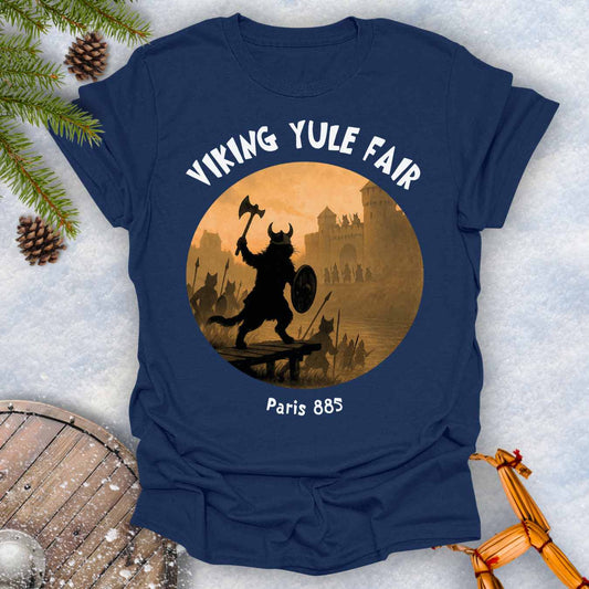 Navy Blue t-shirt with Viking cat design and white 'Viking Yule Fair' and 'Paris 885' text on a snowy background.