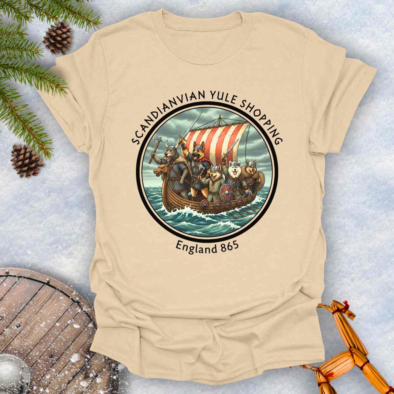 Beige t-shirt with Viking ship with dogs graphic and text Scandinavian Yule Shopping England 865.