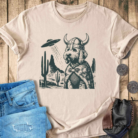 Goldendoodle Viking and UFO T-shirt