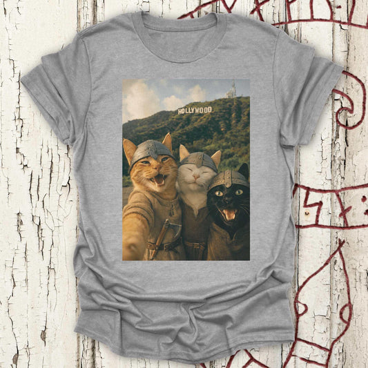 Viking Cats Retro Selfie Photo Style - Hollywood Sign T-shirt NEW!