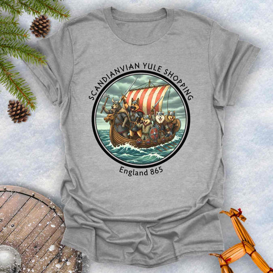 Gray t-shirt with Viking ship with dogs graphic and text Scandinavian Yule Shopping England 865.