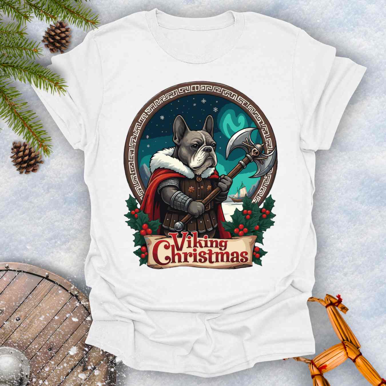 White t-shirt with a Viking-themed Christmas design featuring a Viking Bulldog in armor with Northern lights behind it.