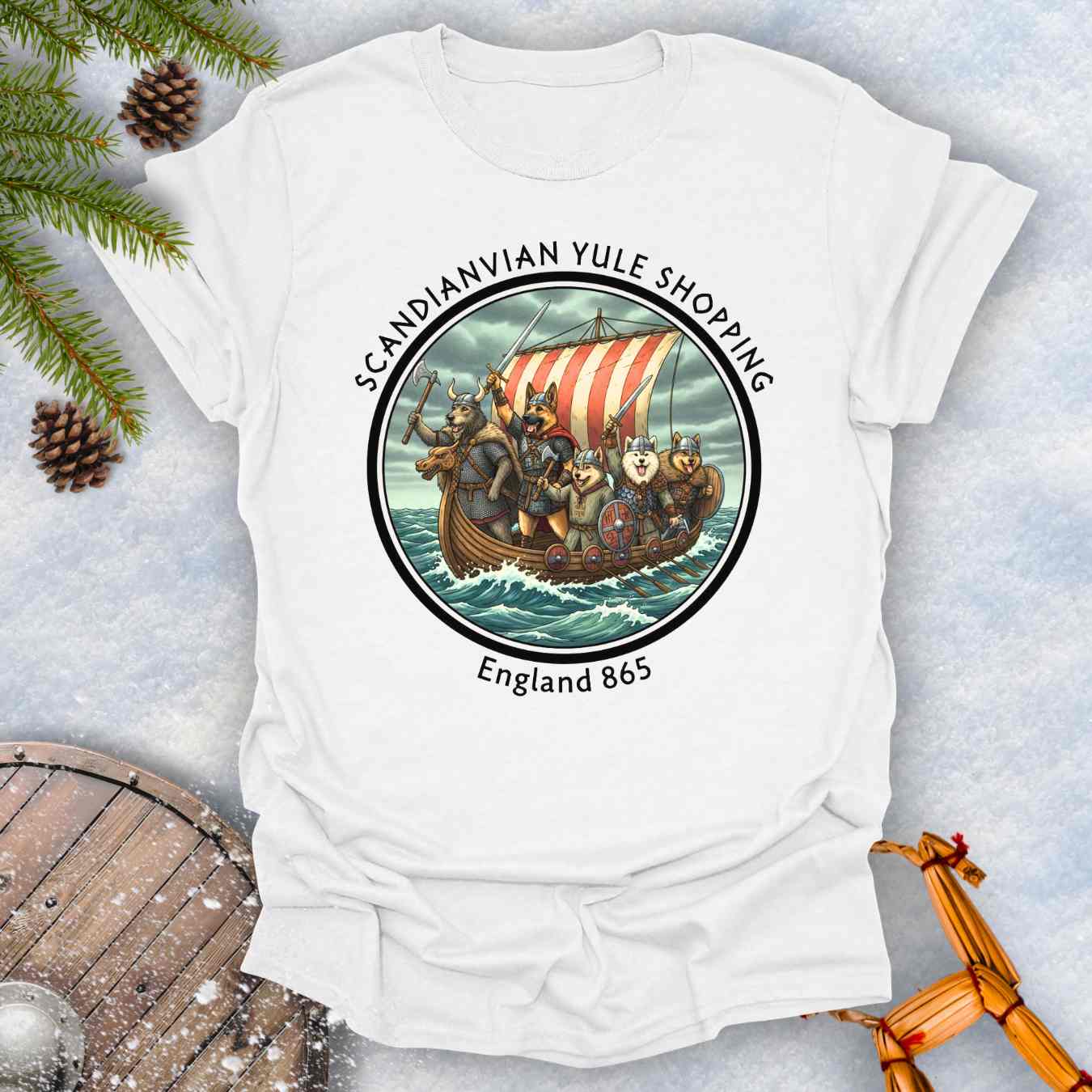 White t-shirt with Viking ship with dogs graphic and text Scandinavian Yule Shopping England 865