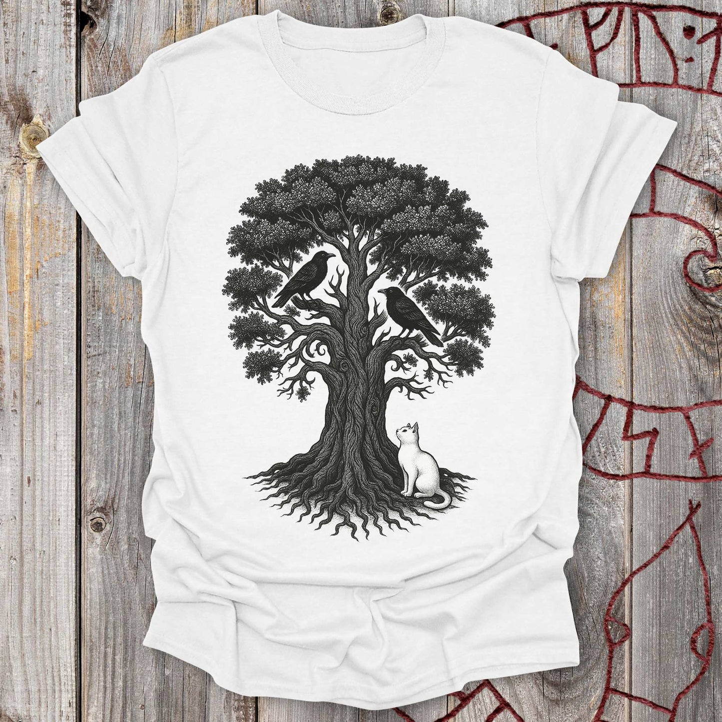 T-Shirt Yggdrasil, the Cat & the Ravens - Norse World Tree T-Shirt Unisex size S M L XL 2XL