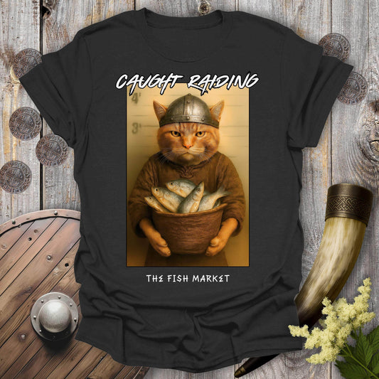 T-Shirt Black / S Caught Raiding the Fish Market Viking Cat T-Shirt
