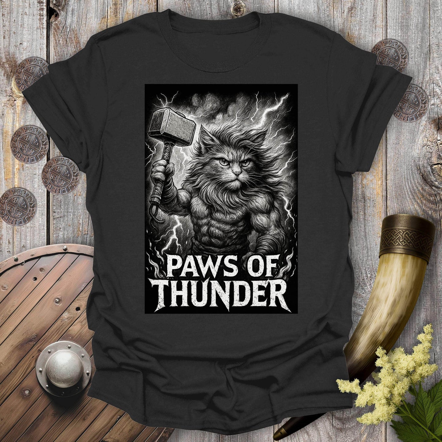 T-Shirt Black / S Paws of Thunder Thor Viking Cat T-Shirt