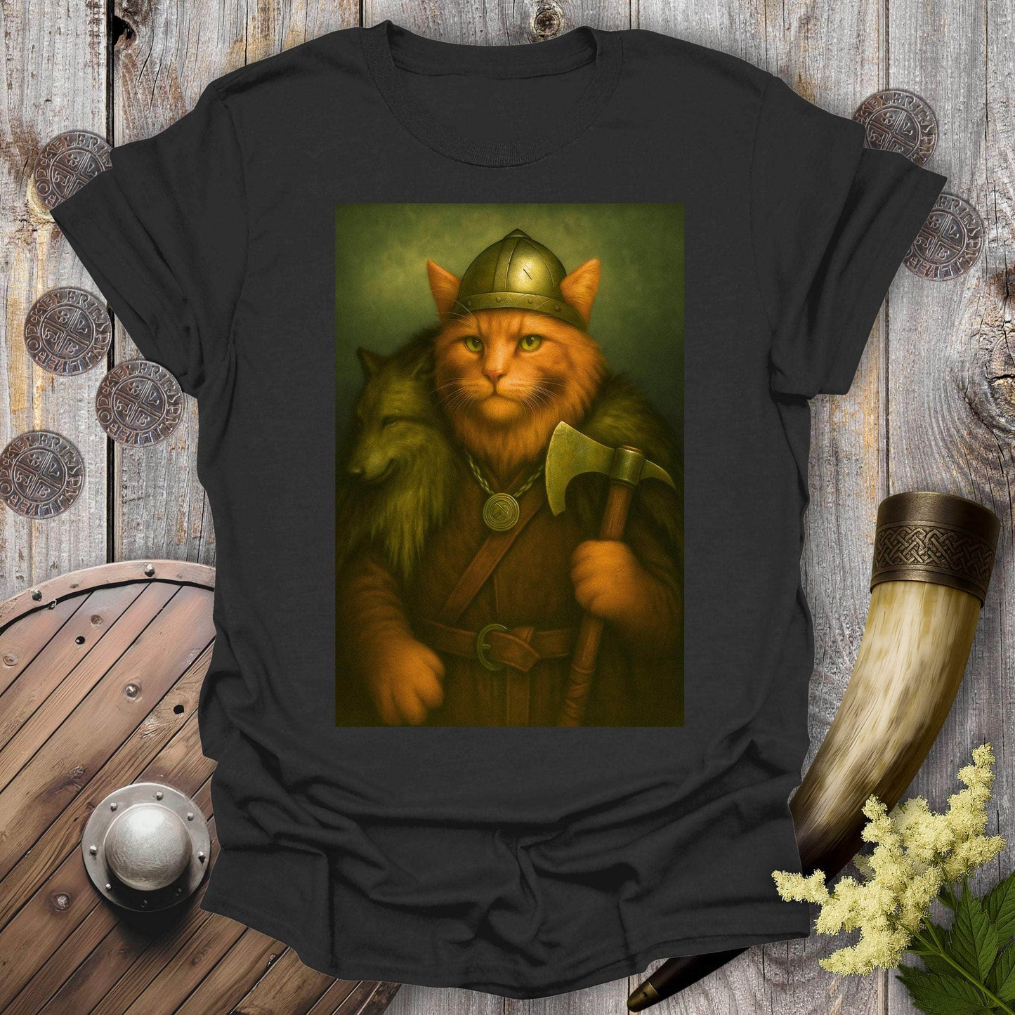 T-Shirt Black / S Viking Cat in Wolfskin Plaid T-Shirt