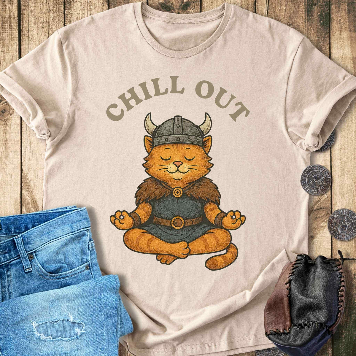 T-Shirt Chill Out - Viking Cat Meditation T-shirt Unisex Sizes S-2XL Funny Shirt Gift