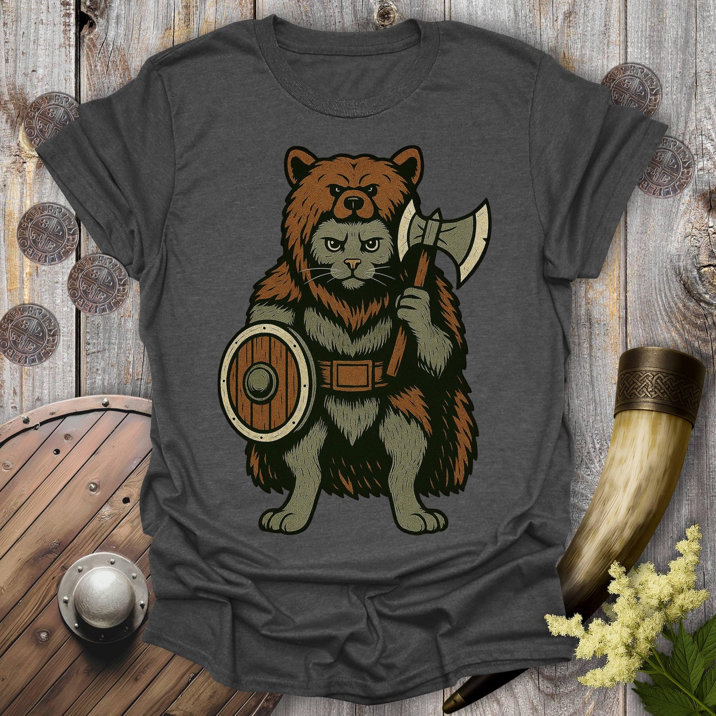 T-Shirt Dark Heather / S Berserker Cat in Bear Skin Viking Warrior T-Shirt