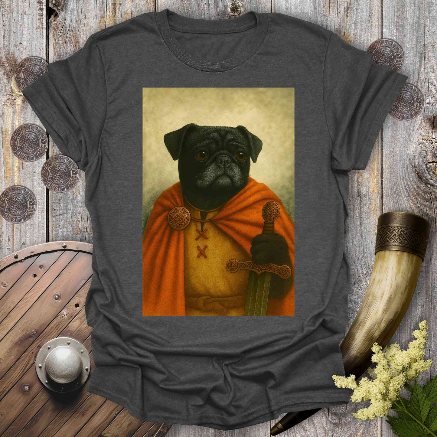 T-Shirt Dark Heather / S Black Pug Viking Portrait T-Shirt