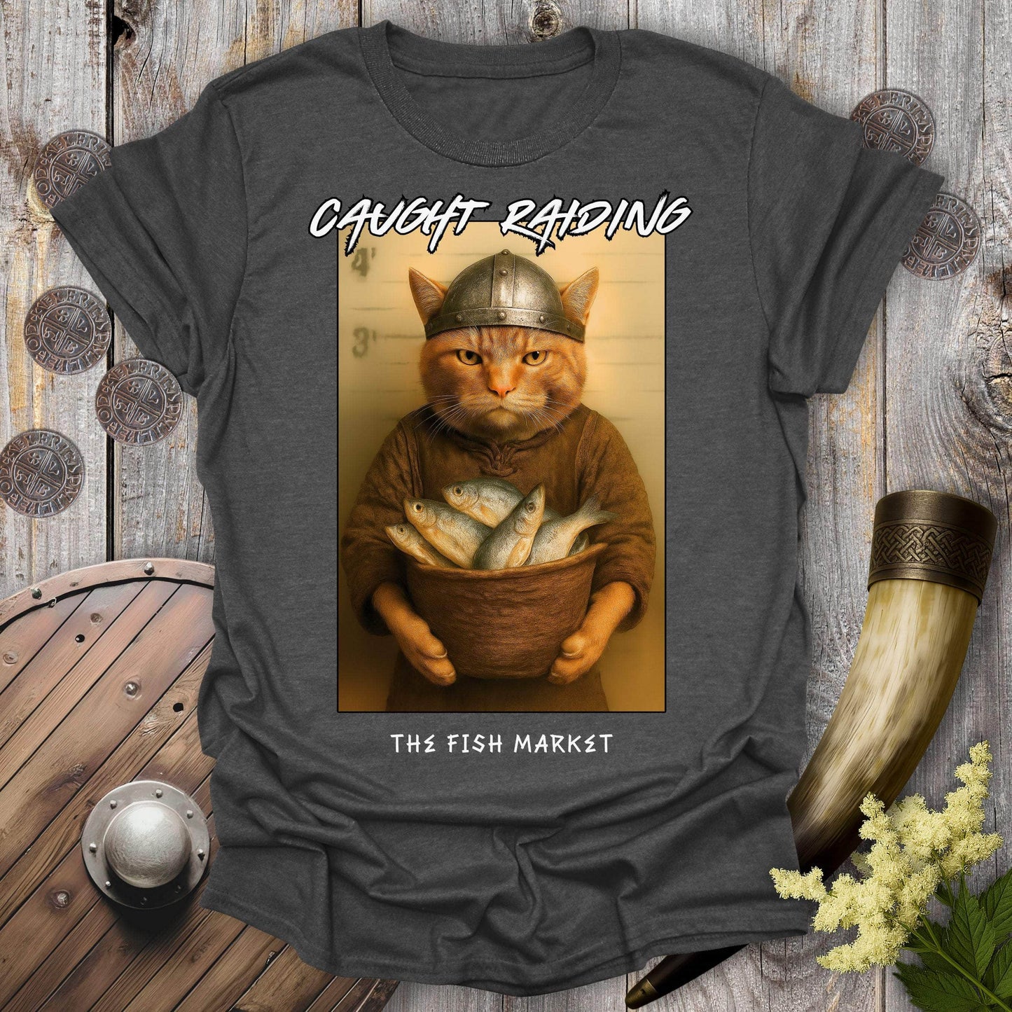 T-Shirt Dark Heather / S Caught Raiding the Fish Market Viking Cat T-Shirt