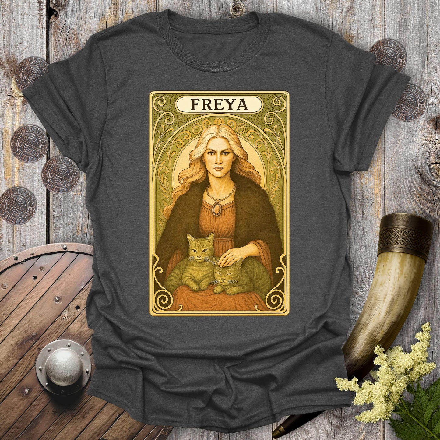 T-Shirt Dark Heather / S Freya with Cats Tarot Card T-Shirt