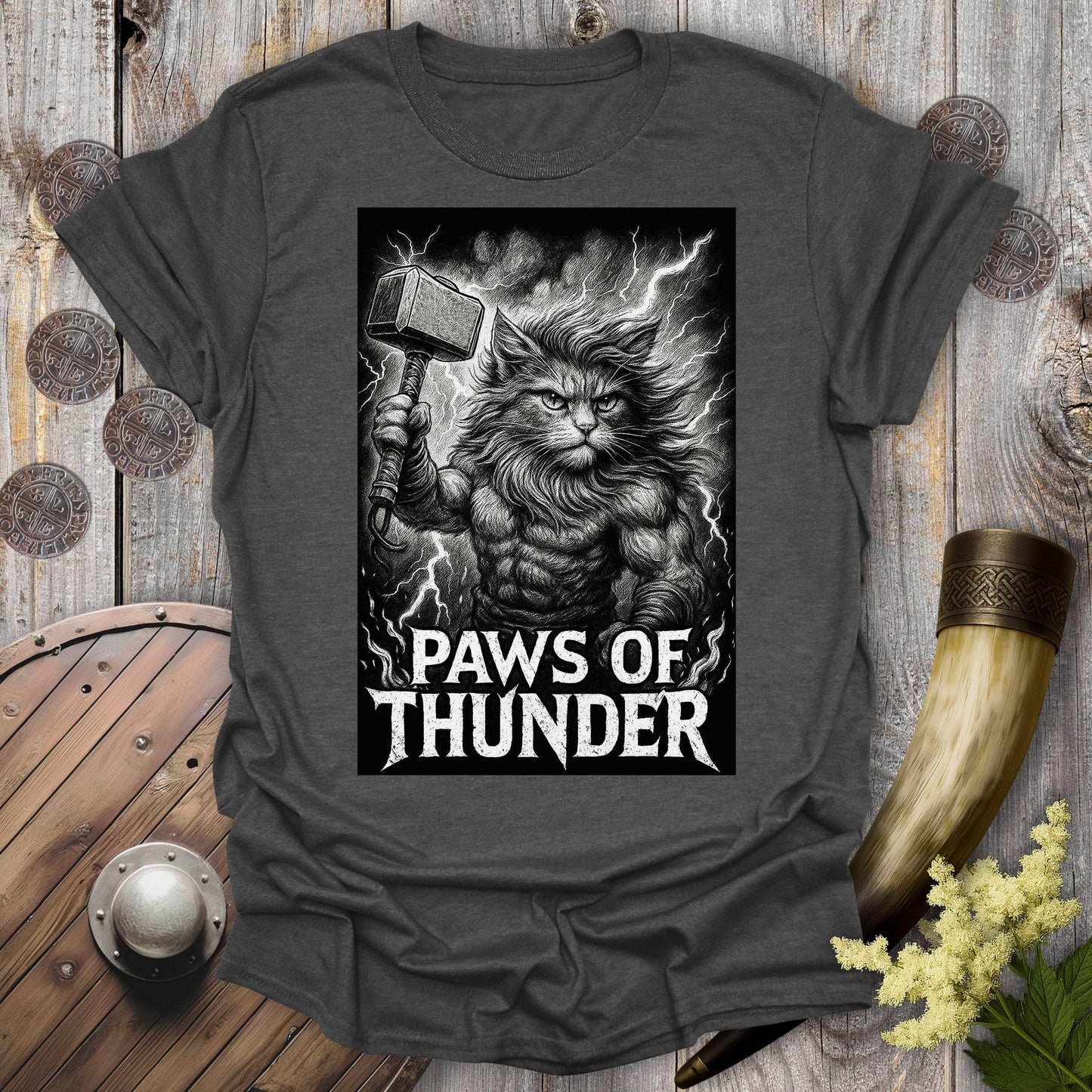 T-Shirt Dark Heather / S Paws of Thunder Thor Viking Cat T-Shirt