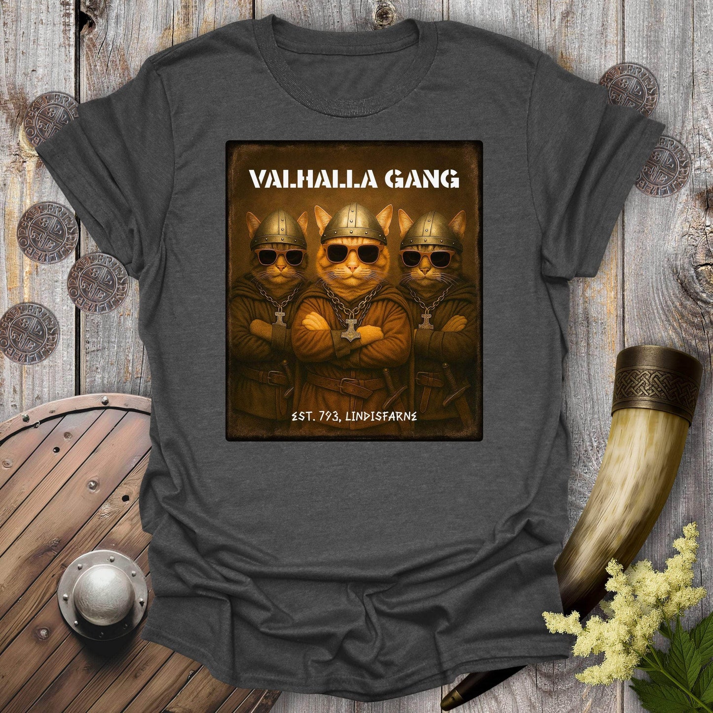 T-Shirt Dark Heather / S Valhalla Gang Viking Cat T-Shirt
