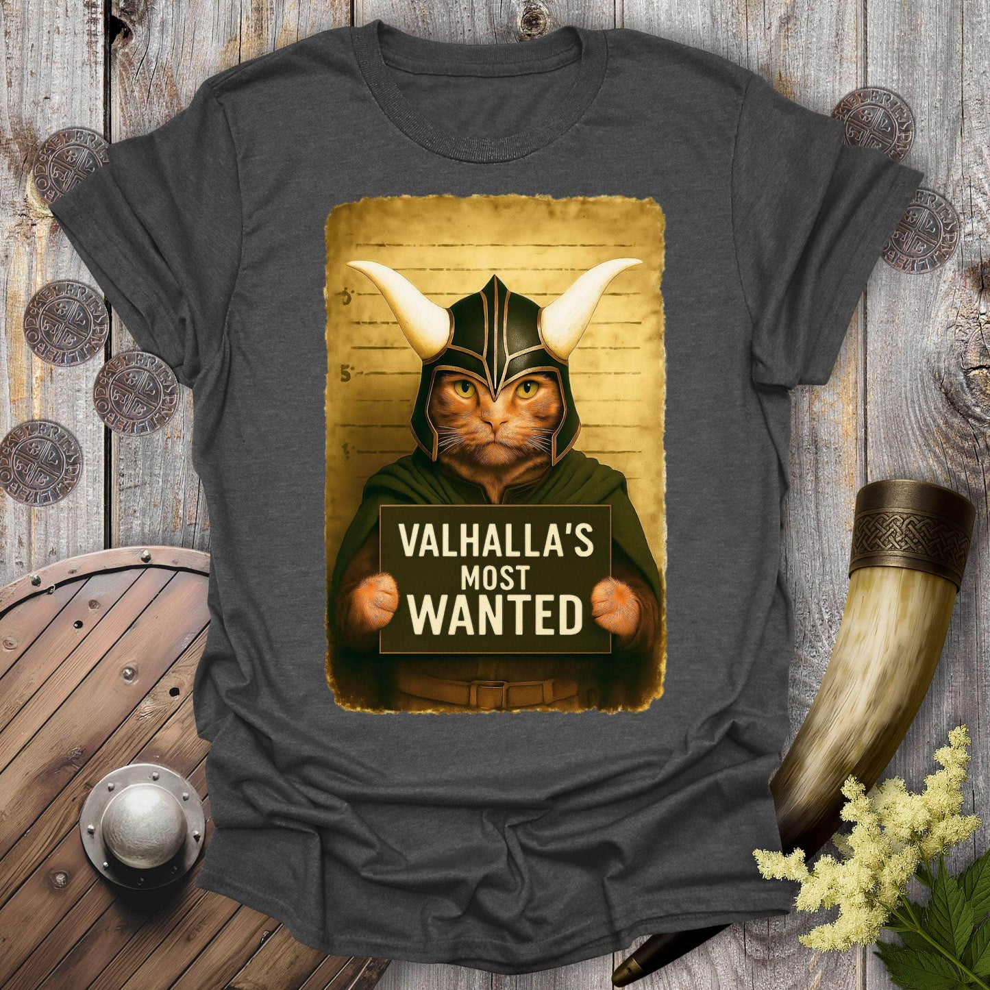 T-Shirt Dark Heather / S Valhalla's Most Wanted Cat Mugshot T-Shirt