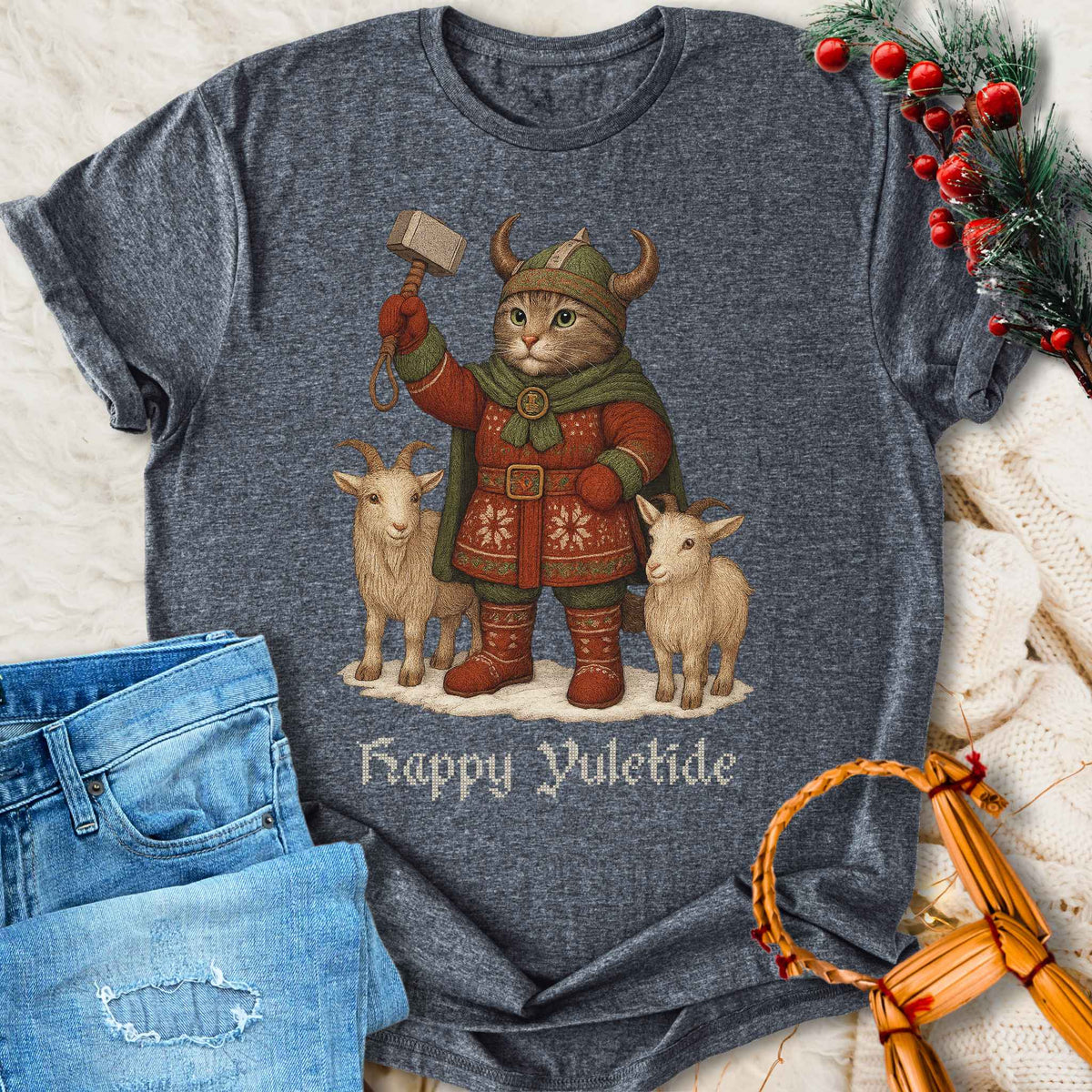 T-Shirt Happy Yuletide - Mjölnir Cat and Goats Christmas T-shirt Unisex Sizes S-2XL Funny Shirt Gift