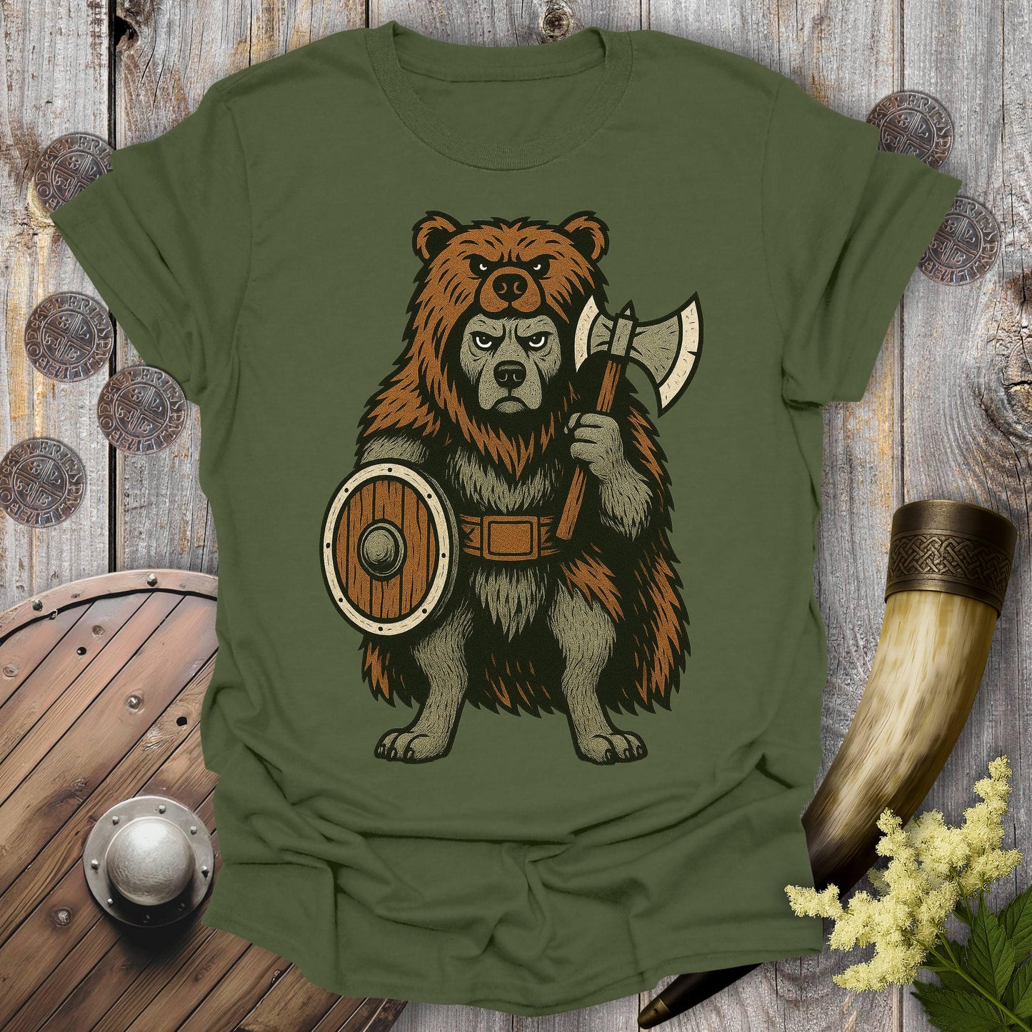 T-Shirt Military Green / S Berserker Dog in Bear Skin Viking Warrior T-Shirt