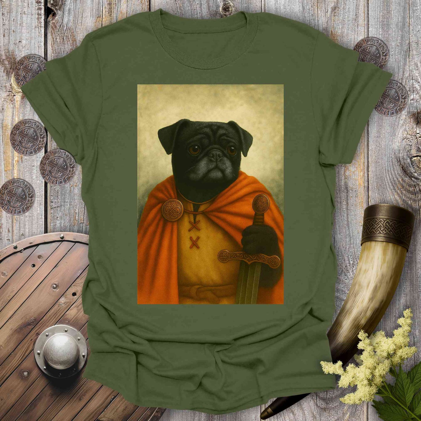 T-Shirt Military Green / S Black Pug Viking Portrait T-Shirt
